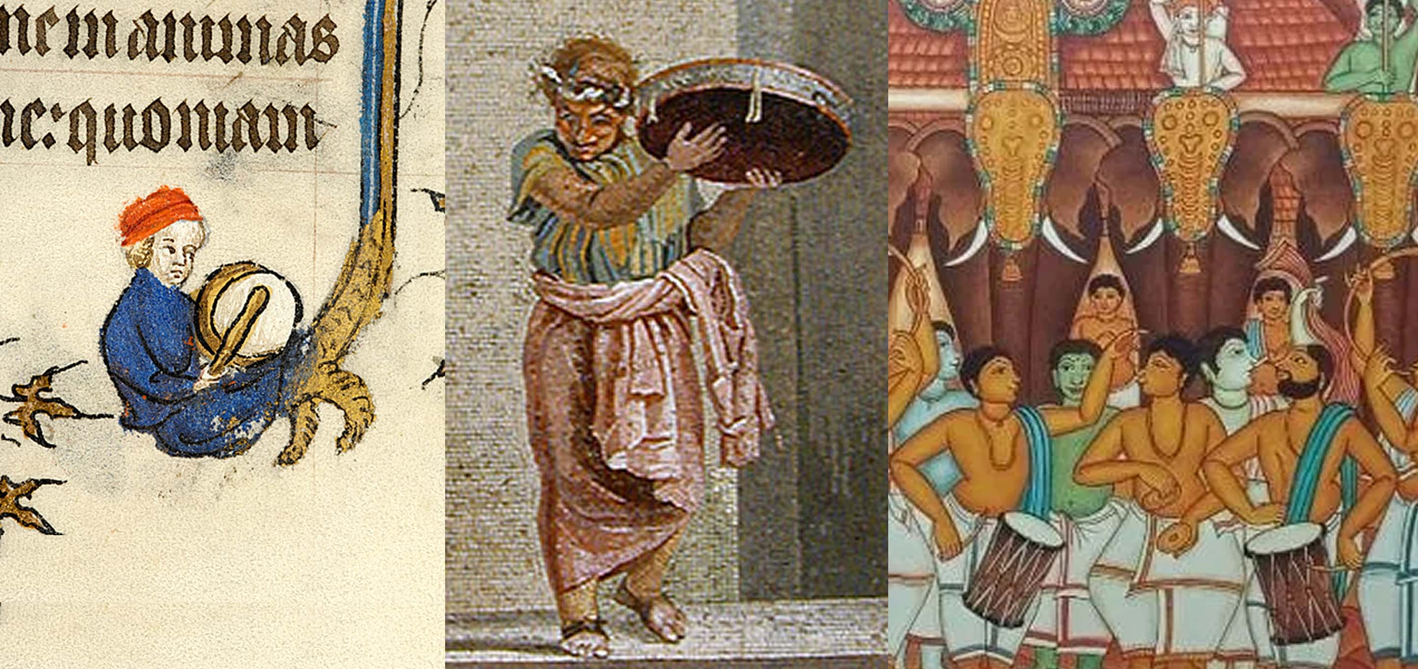 A blend of medieval and modern depictions of drums, tympanon, and chenda.