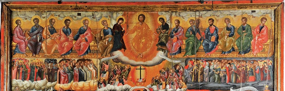 Christ and the Twelve Apostles, enthroned, in heaven.