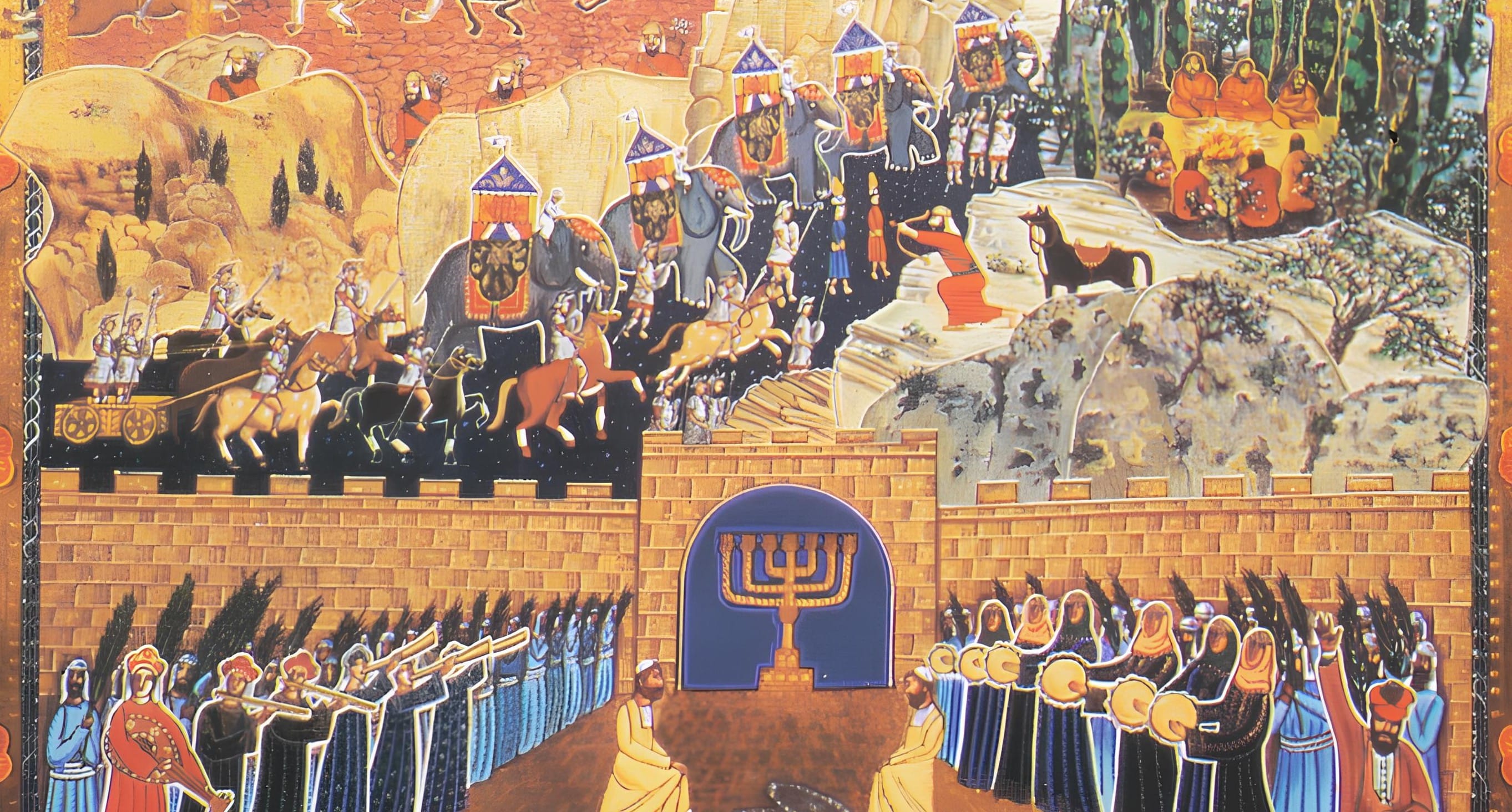 Artwork by Ori Sherman depicting the Maccabean defence of Jerusalem against the pagan Hellenes.